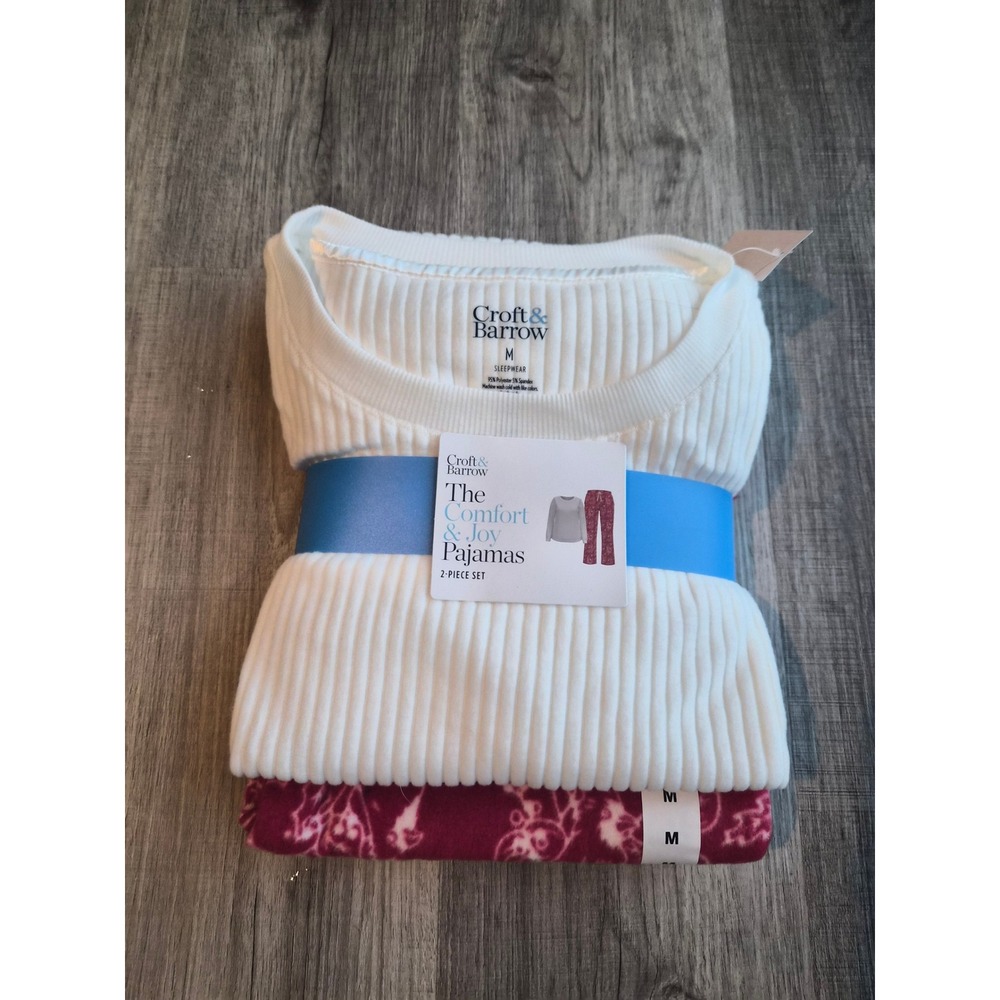 Croft & Barrow Womens Comfort & Joy Pajama Set 2PC Ribbed Top Fleece Pants M